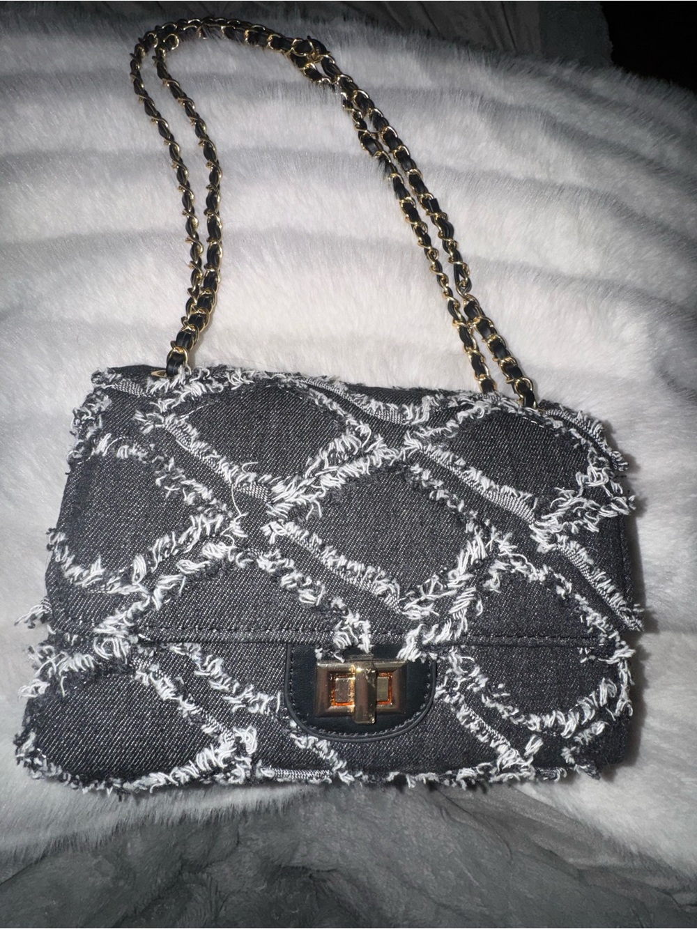 Black Denim Fringe Chain Shoulder/Crossbody Bag - NWOT
